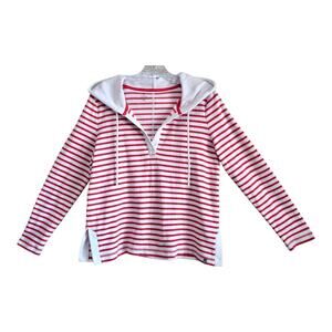 TALBOTS Women's Petite MP Hoodie Pullover Knit Top Striped Orange Drawstring 38"